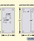 Diagram showing bolt patterns for Standard Pedestal Bolt Mounted Roadside Mailbox And Mail Chest In Black