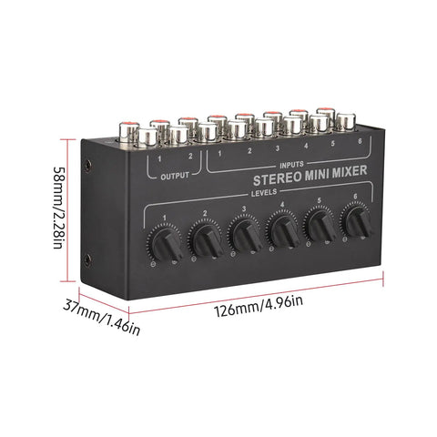 Six Channel Passive Stereo Mixer With RCA Inputs And Two Channel Output, Portable Audio Gear Distributor, No Battery Required