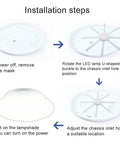 Installation steps for LED lamp including removing mask, positioning U-shaped buckle, adjusting inlet hole, and adding lampshade.