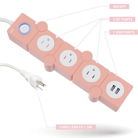 Pink Power Strip With Surge Protection, 3 AC Outlets And 2 USB Ports, Flexible Twist Design For Desk Or Floor, labeled features