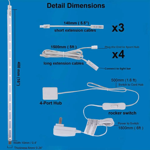 Diagram of Linkable 4x16 Inch LED Light Bar Kit with series and parallel wiring, dimensions for cables, hub, and rocker switch included.