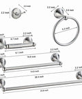 Must-Have 8-Piece Bathroom Hardware Set In Brushed Nickel, Includes dimensions of towel bars, towel ring, toilet paper holder, hooks