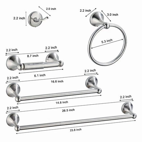 Must-Have 8-Piece Bathroom Hardware Set In Brushed Nickel, Includes dimensions of towel bars, towel ring, toilet paper holder, hooks