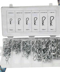 R Shape Cotter Pins Assortment Kit 150 Pieces Carbon Steel in storage box with size labels visible.