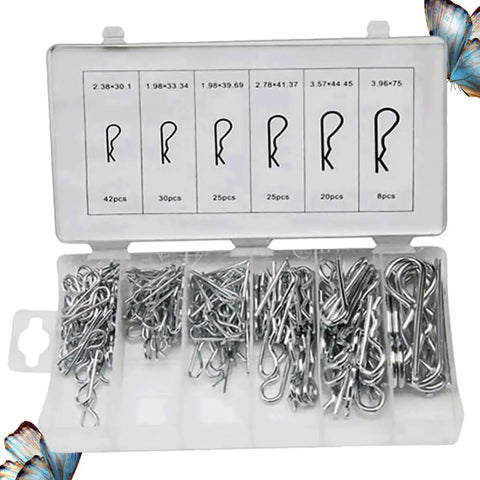 R Shape Cotter Pins Assortment Kit 150 Pieces Carbon Steel in storage box with size labels visible.