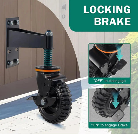 2 Pack Six Inch Gate Wheel With Brake Built Tough Heavy Duty Fence Wheel 360 Degree Swivel With Spring Shock Absorption