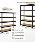 Heavy Duty 5 Tier Bolt Free Storage Shelving Rack 2 Pack Quick Snap Metal Shelves dimensions with small and large sizes shown.