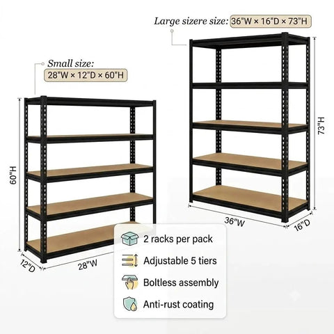 Heavy Duty 5 Tier Bolt Free Storage Shelving Rack 2 Pack Quick Snap Metal Shelves dimensions with small and large sizes shown.