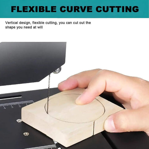 Hand using 800W Vertical Bench Saw For Wood And Foam with Scroll Cutting on wood piece, flexible curve cutting showcased.