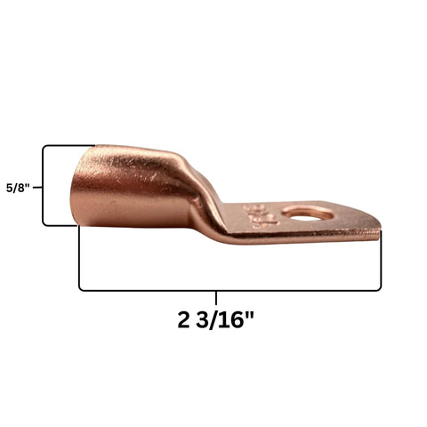 Close-up of a 1/0 gauge copper ring terminal connector measuring 2 3/16 inch, part of the Pack Of Ten 1/0 Gauge Copper Ring Terminal Connectors With Red Black Heat Shrink Tubing 3/8 Inch Stud For Heavy Duty Car Audio Power Wiring That Will Keep Your Bass Rig Amped Up Daily.