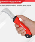 Goldblatt stainless steel roofing and flooring knife with orange soft-grip handle, linoleum cutter, held in hand
