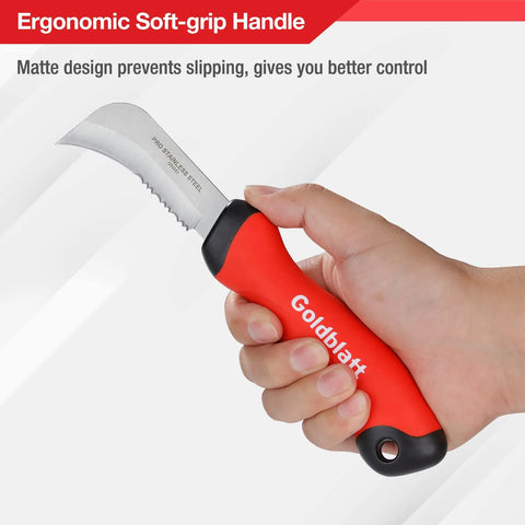 Goldblatt stainless steel roofing and flooring knife with orange soft-grip handle, linoleum cutter, held in hand