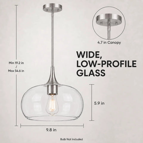 HXXLFONEDP Glass Pendant Light for Kitchen Island, 10 Inch, Brushed Nickel with wide clear glass shade and adjustable height.