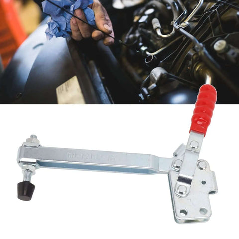 Heavy Duty Toggle Clamp For Woodworking Stainless Steel Lever Clamp With Arrow Storage Case Adjustable Opening And Lengthened Arm 20 By 16.4 By 3 Cm Pro Grade Fixture Holder For Assembly And Repair Tasks displayed beside automotive repair scene.