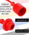 Close-up of red male dust cap and female plug cover from Four Pack 3/8 Inch Hydraulic Hose Cap Set With Quick Coupler Covers.
