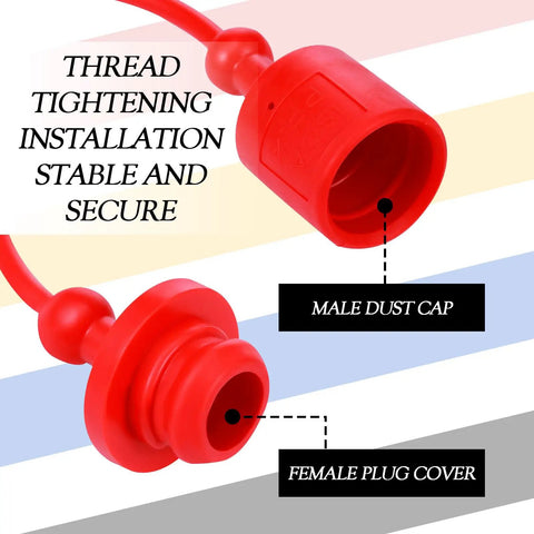 Close-up of red male dust cap and female plug cover from Four Pack 3/8 Inch Hydraulic Hose Cap Set With Quick Coupler Covers.