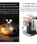 Kickass Semi Automatic Espresso Machine With 20 Bar Pump And Italian Style Frothing Wand For Hella Creamy Cappuccinos Featuring 1.6L Removable Water Tank brewing coffee with a glass cup.
