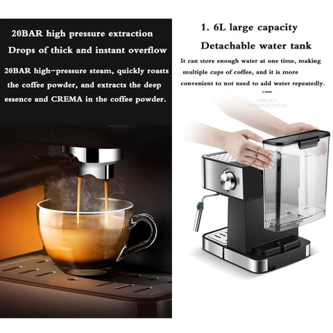 Kickass Semi Automatic Espresso Machine With 20 Bar Pump And Italian Style Frothing Wand For Hella Creamy Cappuccinos Featuring 1.6L Removable Water Tank brewing coffee with a glass cup.