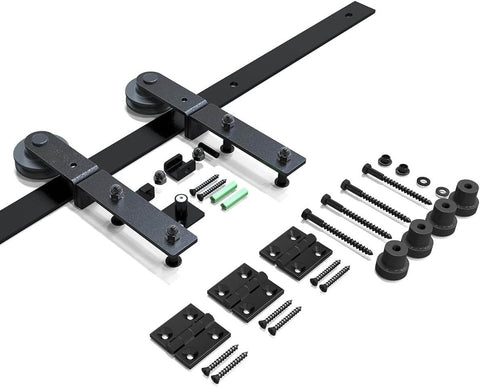 Beefy Heavy Duty 3.5 Foot Bi Folding Barn Door Hardware Kit For Two Doors, Carbon Steel Sliding Track System In Frosted Black