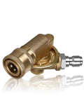 Side view of brass quick-connect pivoting elbow fitting for pressure washer nozzle tips
