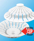 Universal Bathroom Hair Catcher Strainer With Suction Cup For Tub Drains features white double-layered design on blue background