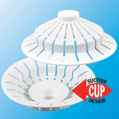 Universal Bathroom Hair Catcher Strainer With Suction Cup For Tub Drains features white double-layered design on blue background