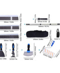 Professional Self Leveling Cement Tool Kit Featuring Four And Six Point Five Inch Notched Trowels Nine Inch Paint Roller Extension Pole Handle Plus Heavy Duty Scrapers For Dead Flat No Hassle Floors components with various tools and sizes.