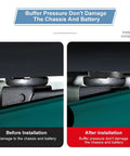 BANGTING Tesla jack pad set, 4-pack rubber lift pucks with storage case; shown before and after installation.