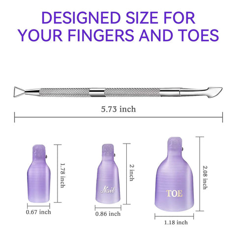 20 Piece Nail Remover Clips Kit For Fingers And Toes Reusable Gel Soak Off Clips with Cuticle Pusher, sizes and details