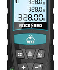 Front view of Digital Laser Distance Meter with Dual Bubble Levels, Backlit LCD, 328 Feet Range, showing measurements on display.