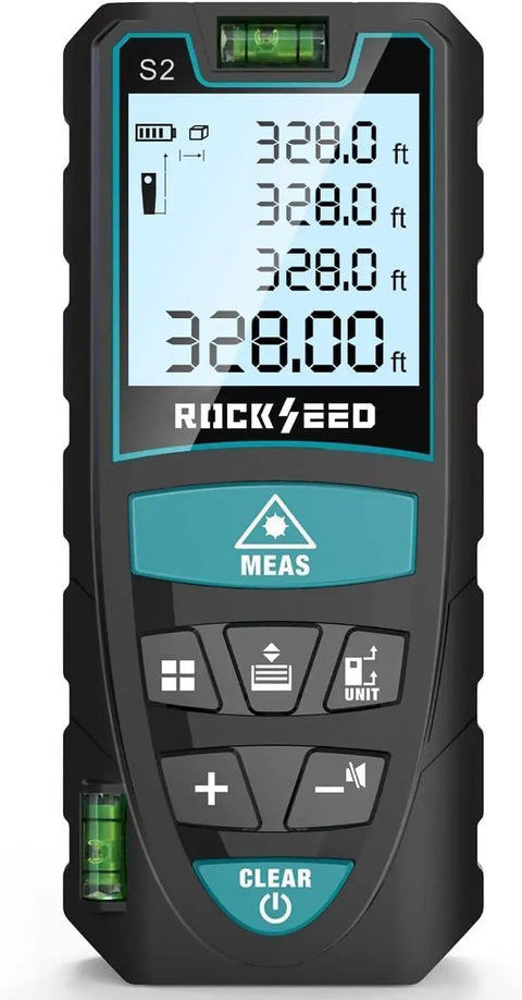 Front view of Digital Laser Distance Meter with Dual Bubble Levels, Backlit LCD, 328 Feet Range, showing measurements on display.