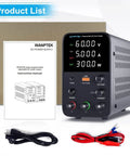 Variable Bench Power Supply With Switch And Alarm, 60V 5A, LED Display, USB Quick Charge, cables, and manual included