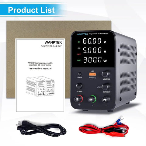 Variable Bench Power Supply With Switch And Alarm, 60V 5A, LED Display, USB Quick Charge, cables, and manual included