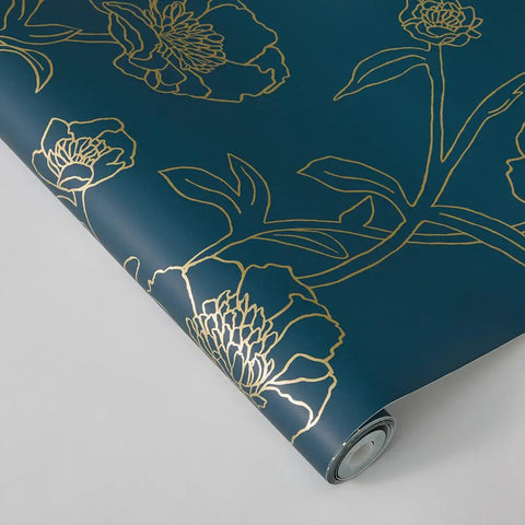 Peacock Blue And Metallic Gold Peonies Floral Peel And Stick Wallpaper Removable Self Adhesive Rolls For Easy Diy Wall Makeover With A Boss Look In Bold Luxury Style 20.5 Inch By 16.5 Foot Made In USA rolled out showing detailed gold peonies pattern on blue.