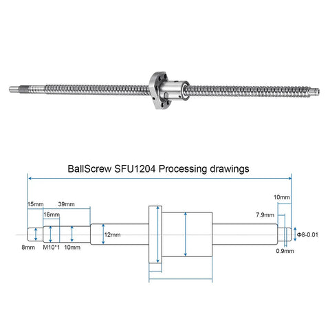 Beefy SFU1204 Ball Screw Kit With Nut Anti Backlash for 12mm Diameter Lead 4mm 400mm Length with technical diagram