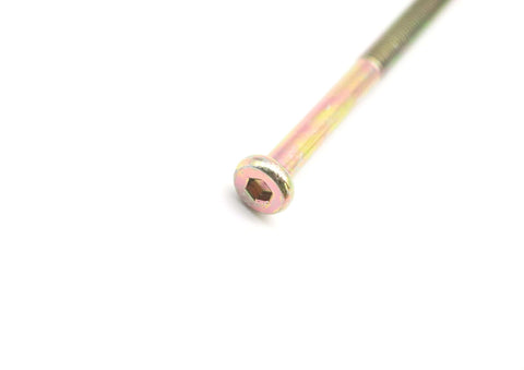Close-up of M8 X 110mm half-thread furniture barrel screw showing hex head, part of the kit for beds and tables.