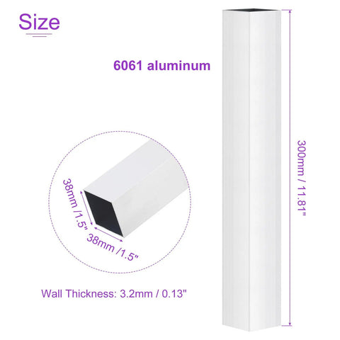 38mm X 38mm X 3.2mm 6061 Aluminum Square Tube, 300mm Length, side view showing dimensions and thickness details