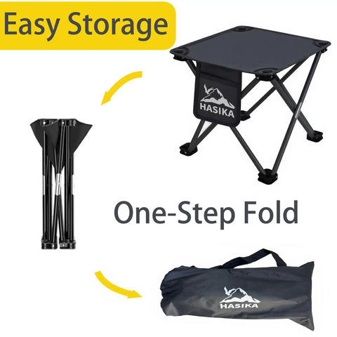 Heavy Duty Folding Camping Stool and Footrest Set That Unfolds in One Step Supports Up to 400 Lbs Steel Frame With 600D Oxford Cloth 2 Pack Portable Outdoor Chairs for Camping Hiking Fishing and More shown folded, unfolded, and in carry bag