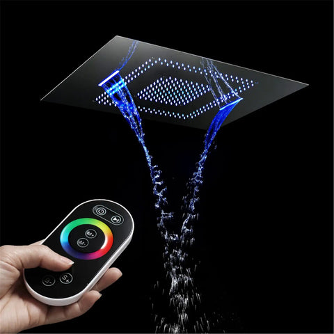 Fresh Concealed Led Rgb Shower System With Glossy Chrome Finish Eighty By Sixty Centimeter Rainhead with remote and water flow.