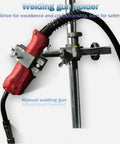 Manual welding gun holder with red grip and adjustment bracket for better control in welding projects.
