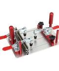 Pro Grade Aluminum Coping Sled For Router Table With Adjustable Clamp, shown with red handles and silver base