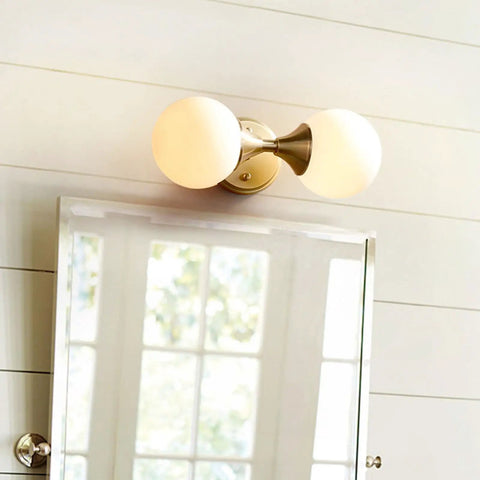 Two Light Wall Sconce For Bathroom Vanity And Mirror Front Light With E27 Socket, Round Glass Shade, Copper And Glass Finish
