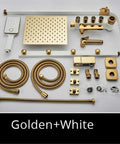 UMJIGF Luxury Shower System with Hot and Cold Water Shower Combo Set Multifunction 4 Handle components in gold and white.