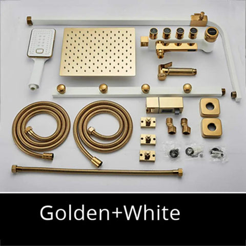 UMJIGF Luxury Shower System with Hot and Cold Water Shower Combo Set Multifunction 4 Handle components in gold and white.