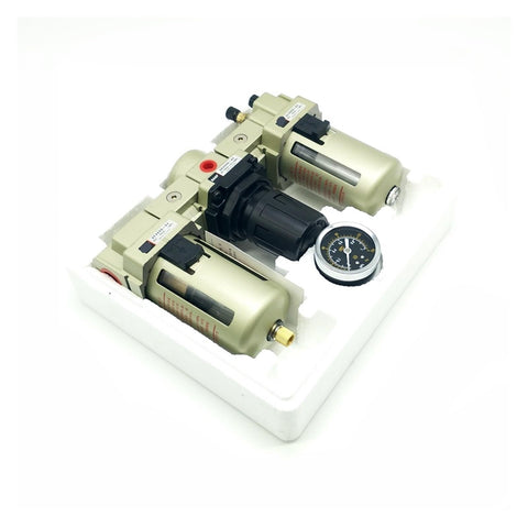 One Half Inch Port Air Prep FRL Combo Unit With Filter Regulator Lubricator for Industrial Machinery and Pneumatic Systems.