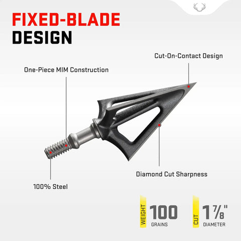 Evo X Montec Fixed Blade Broadhead Pack Of 3 100 Grain Three Blade Design for bow hunting with cut-on-contact and steel durability.