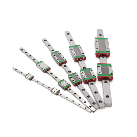 Top Tier Precision MGN7C Miniature Linear Guide Rail Kit with red and green slides for 3D printers and CNC machines.