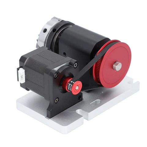 Built Like A Tank Cnc Fourth Axis Rotary Module Kit With High Torque 42 Stepper Motor And Four To One Belt Drive featuring red pulley.