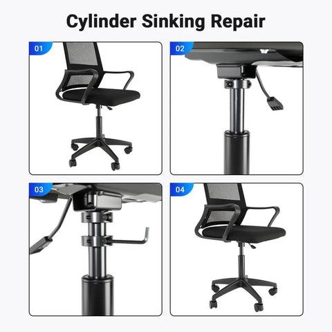 Heavy Duty 28mm Gas Lift Cylinder Removal Kit for Office Chairs, 700lb Rated Steel Construction, shown in use for repair.