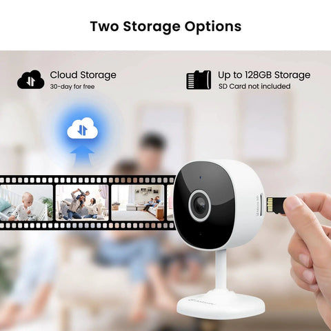 Indoor Home Security Camera 2K With Two Way Audio, featuring cloud and SD card storage options.